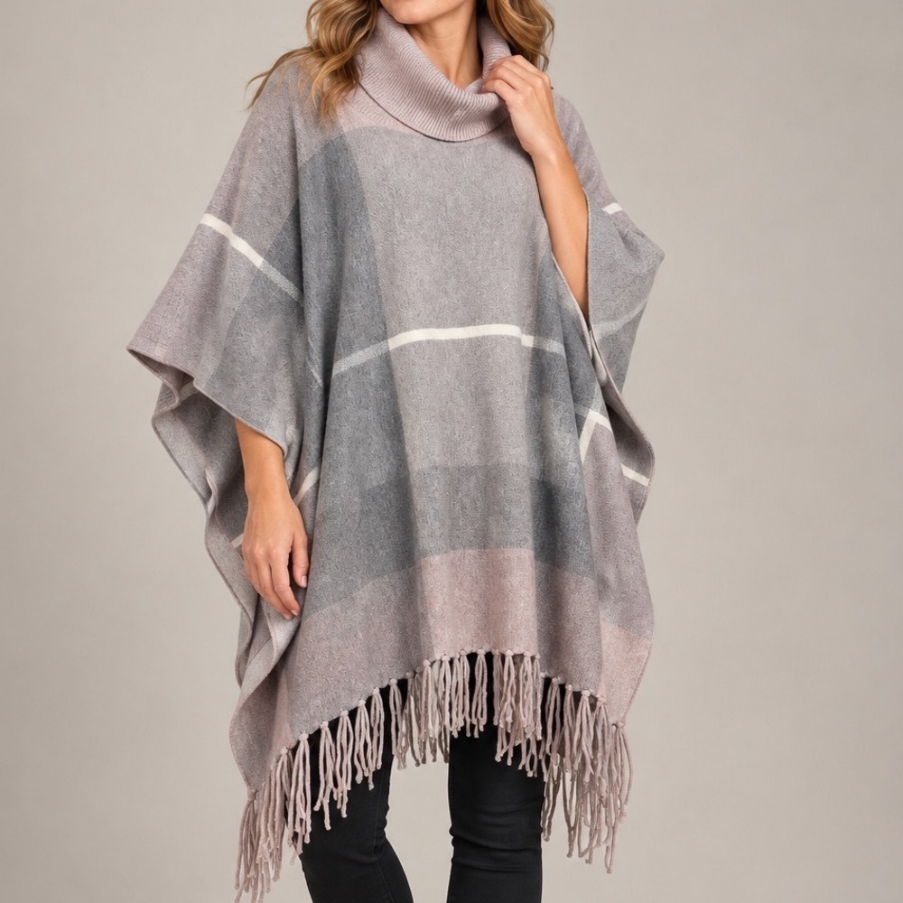 NWT House of Harlow 1960 Windowpane Plaid Poncho Cowl Neck Fringe Boho Cozycore